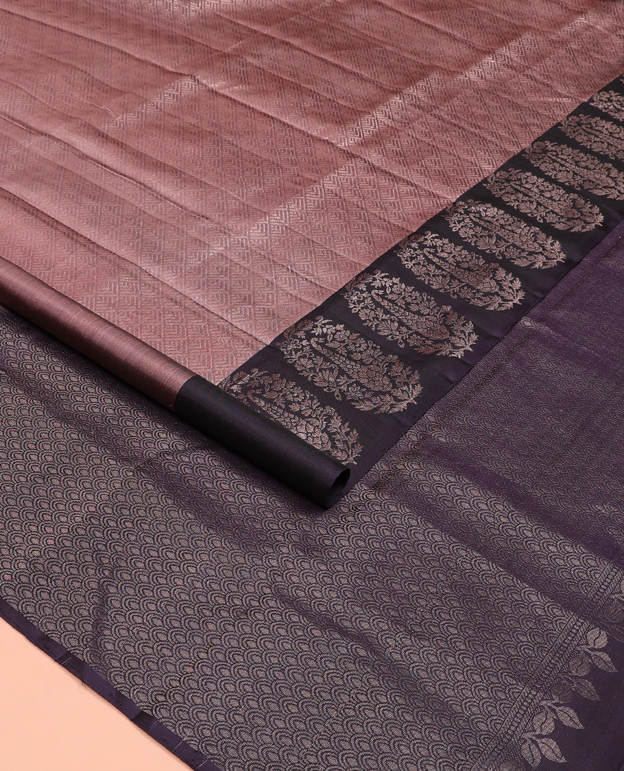 Brown jacquard Mayuri soft silk saree, contrast floral-paisley design border, and contrast scallop design pallu - Image 2