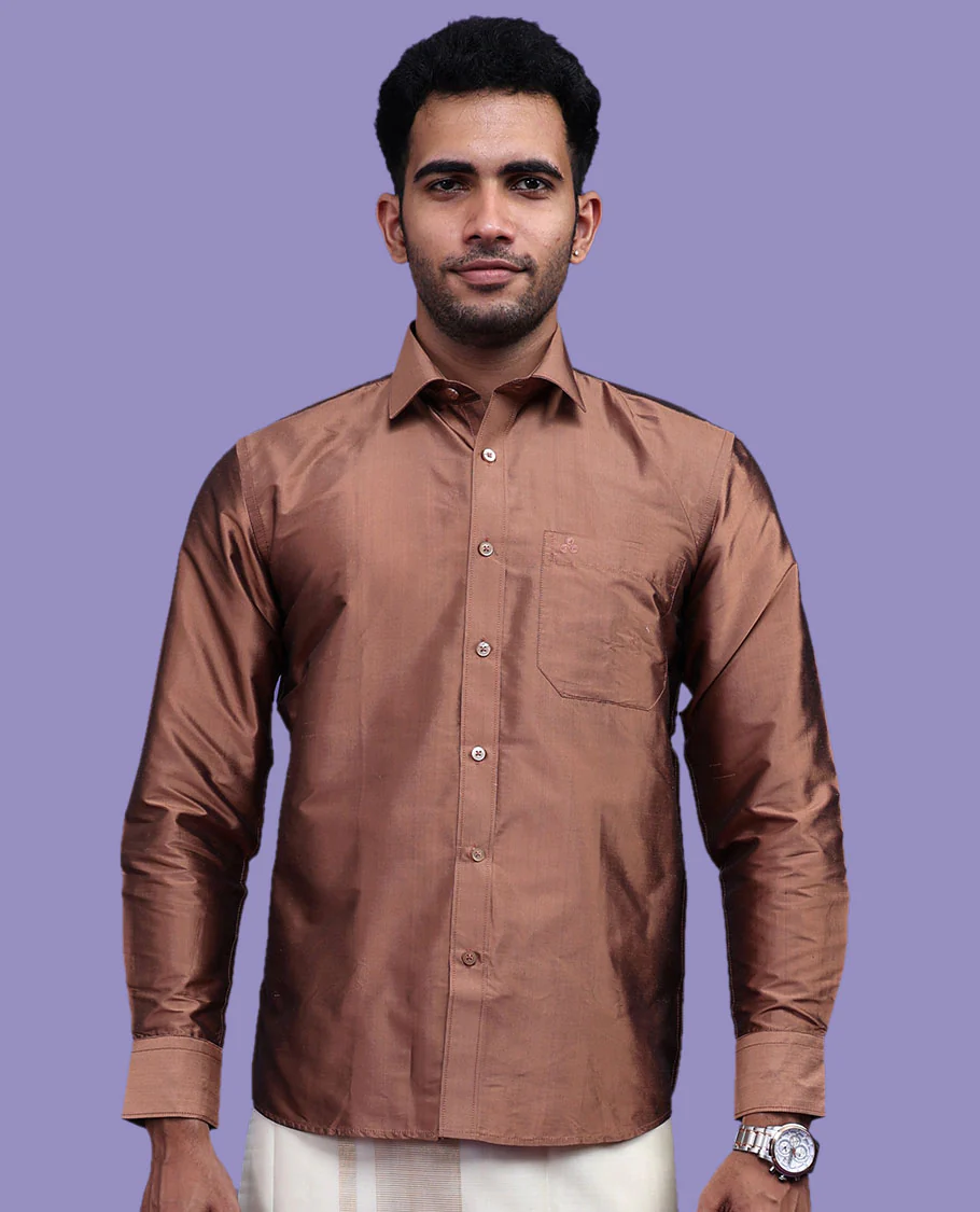 Brown plain design full-sleeve pure-silk shirt - Image 13