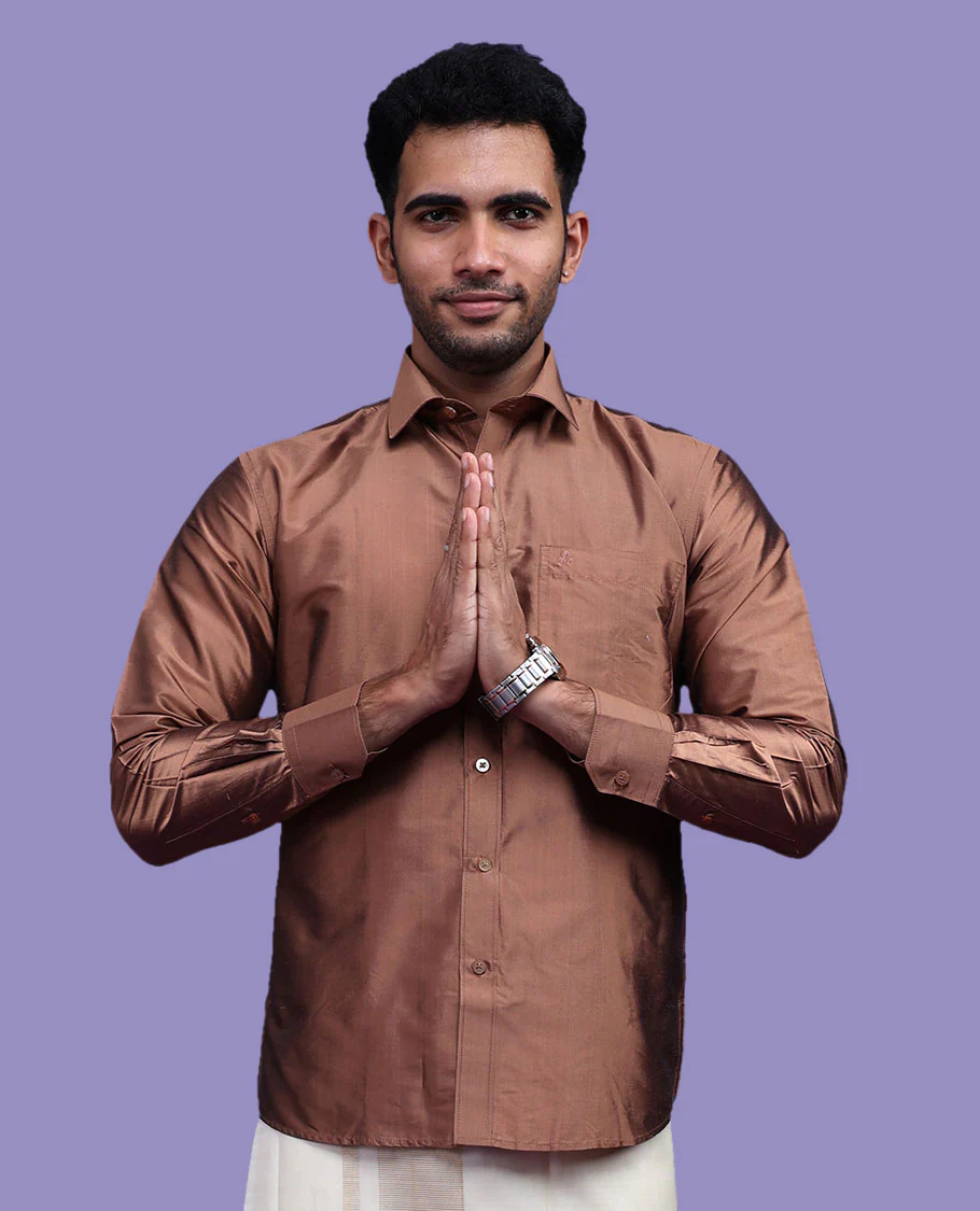 Brown plain design full-sleeve pure-silk shirt - Image 21