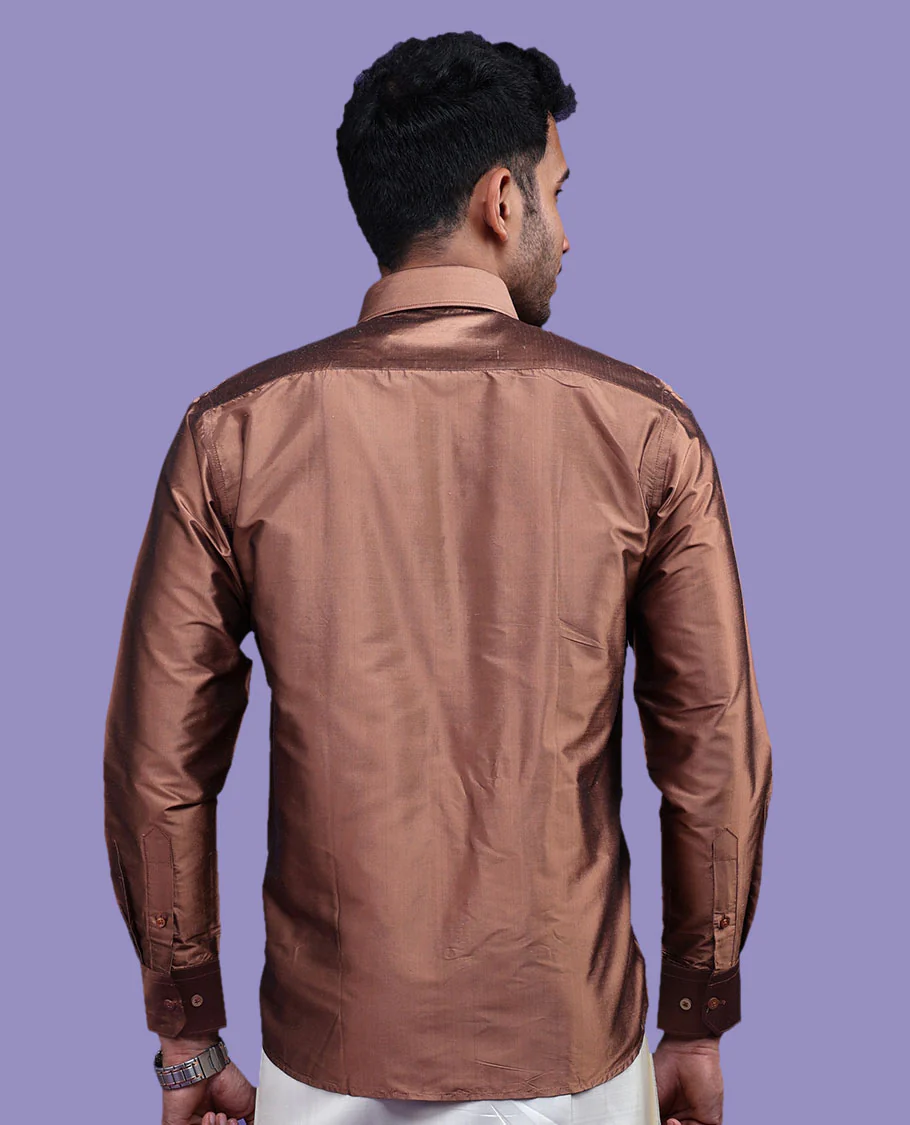 Brown plain design full-sleeve pure-silk shirt - Image 24