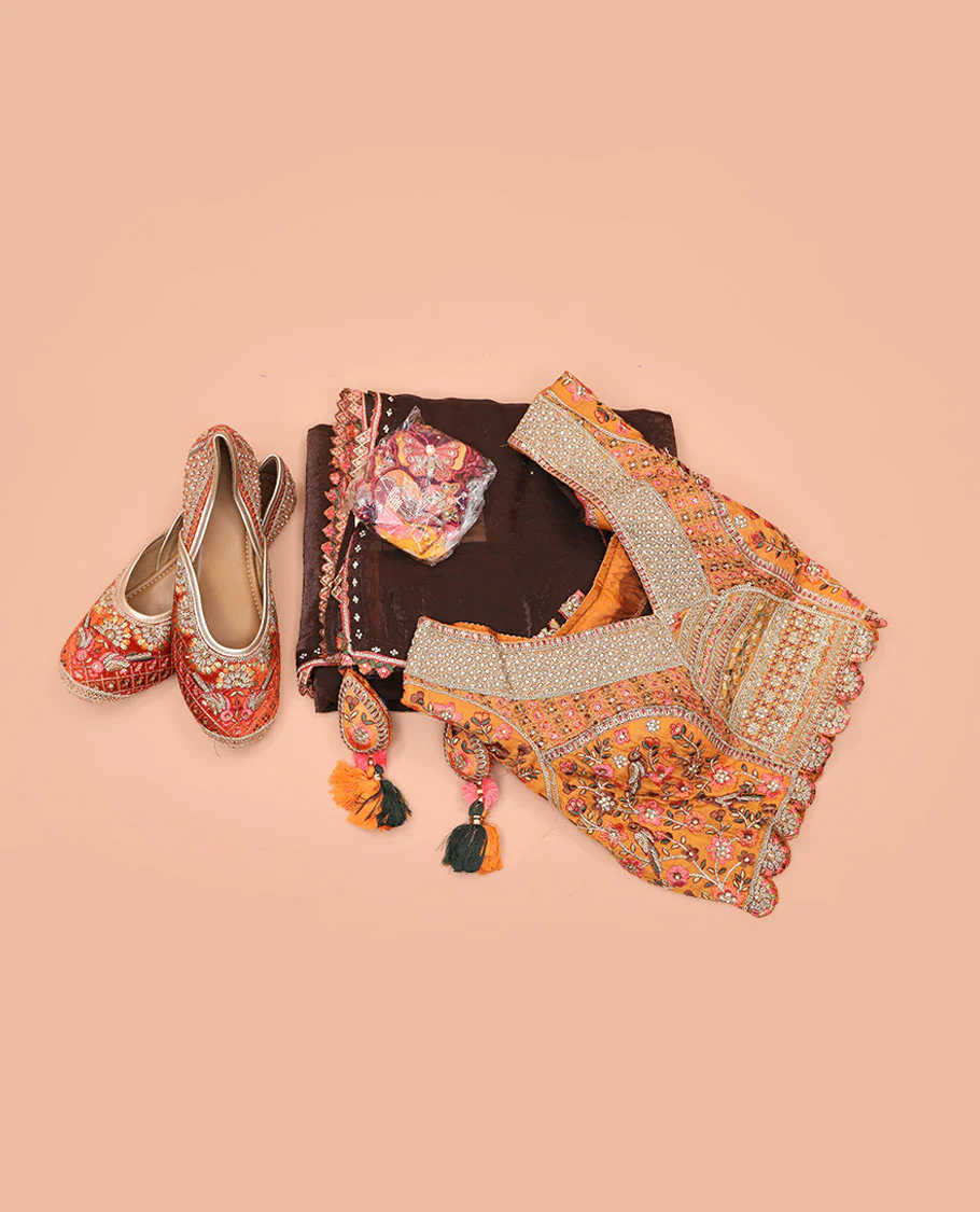 Brown Plain Designer Saree with Temple Lace Border, a Readymade Blouse, a Contrast Embroidered Belt, and a Pair of Free Embroidered Punjabi Shoes - Image 3