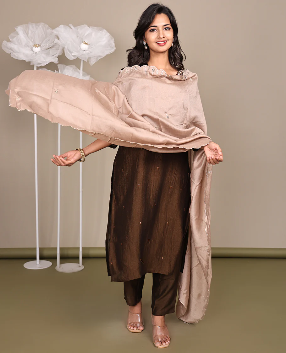 Brown Ready-Made Rayon Suit, Embellished with Embroidered Round Neckline, 3/4 Sleeves, and Straight-Cut Top, Paired with Straight-Cut Pants and a Contrast-Embroidered Scallop Dupatta - Image 4