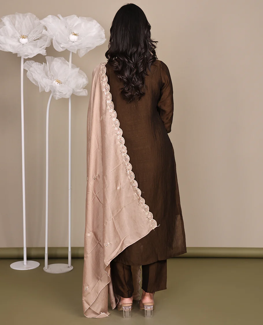 Brown Ready-Made Rayon Suit, Embellished with Embroidered Round Neckline, 3/4 Sleeves, and Straight-Cut Top, Paired with Straight-Cut Pants and a Contrast-Embroidered Scallop Dupatta - Image 5