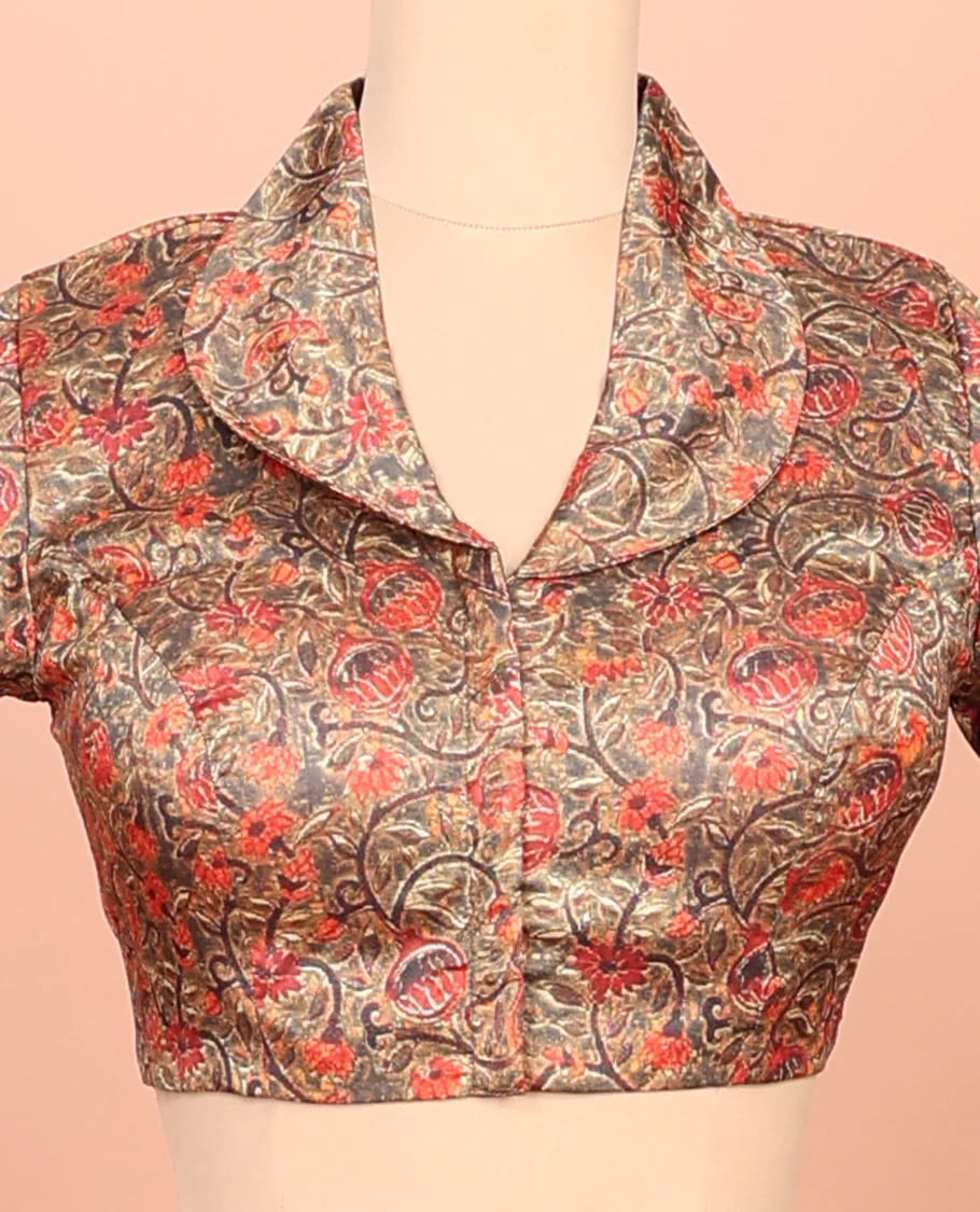 Brown Readymade Blouse, Adorned with a Floral Vine Print, Featuring a Front Shawl-Neck, Back Shawl-Neck, and Elbow Sleeves - Image 3