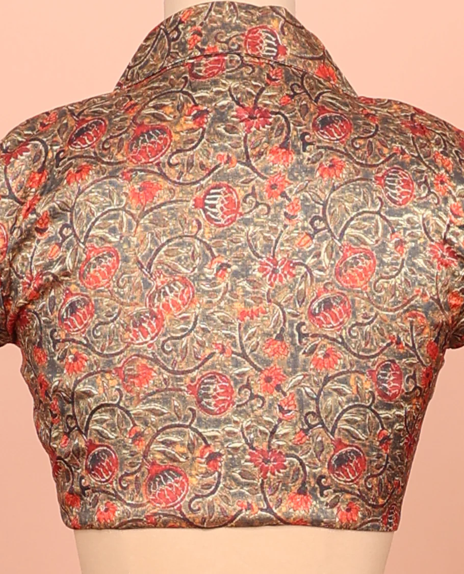 Brown Readymade Blouse, Adorned with a Floral Vine Print, Featuring a Front Shawl-Neck, Back Shawl-Neck, and Elbow Sleeves - Image 4