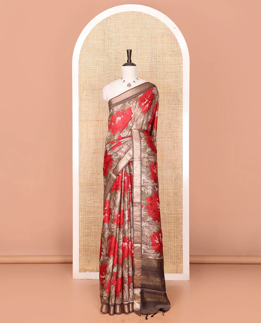 Brown Tussar Saree Accentuated with Floral Print, Temple Zari Border, Zari Striped Pallu, and a Matching Blouse of Zari Border - Image 2