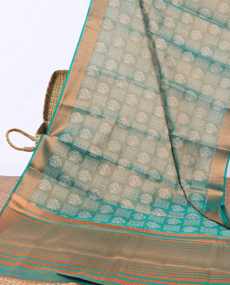 Brown unique printed semi-banaras tissue saree, contrast zari border & striped pallu - Image 5