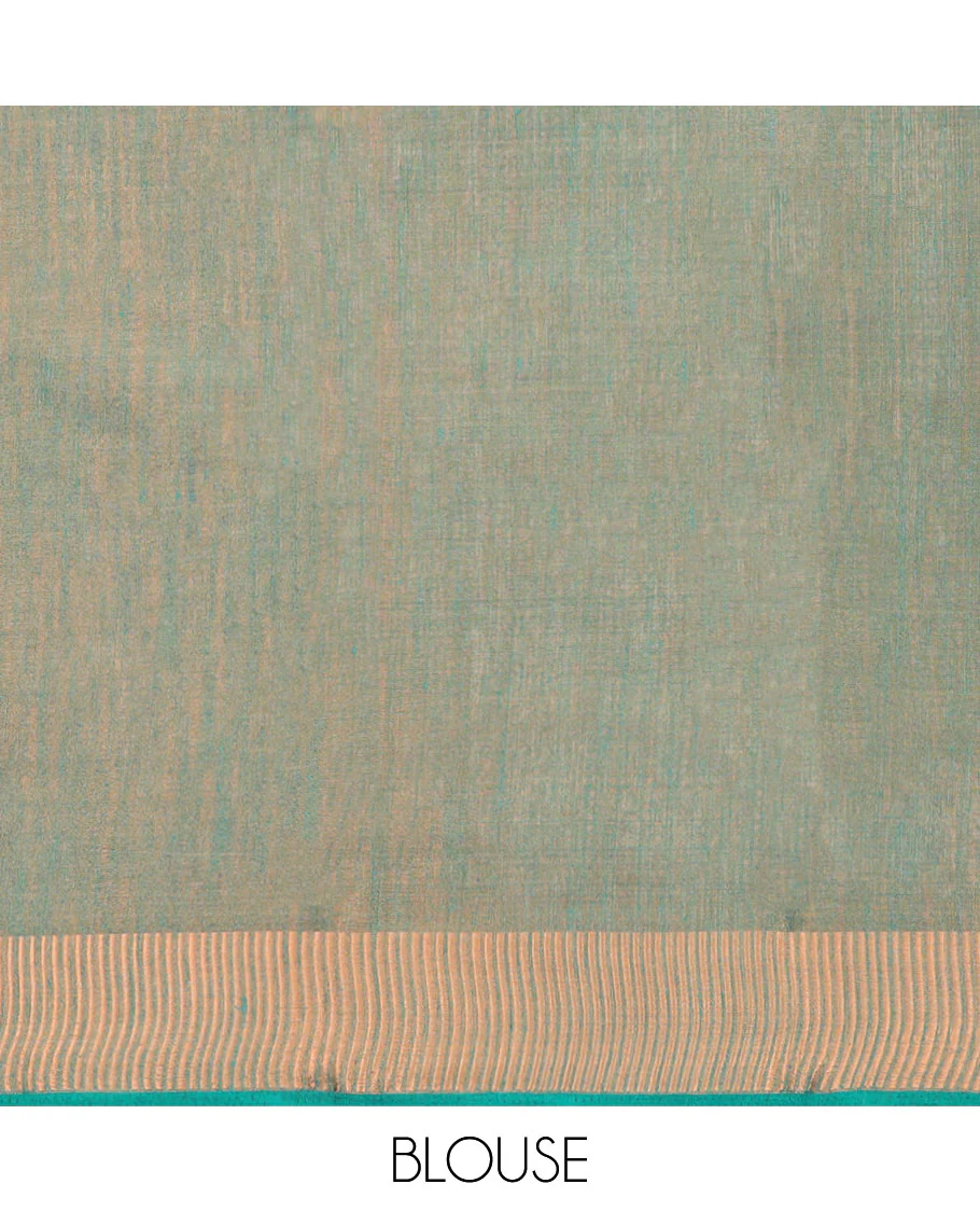 Brown unique printed semi-banaras tissue saree, contrast zari border & striped pallu - Image 6