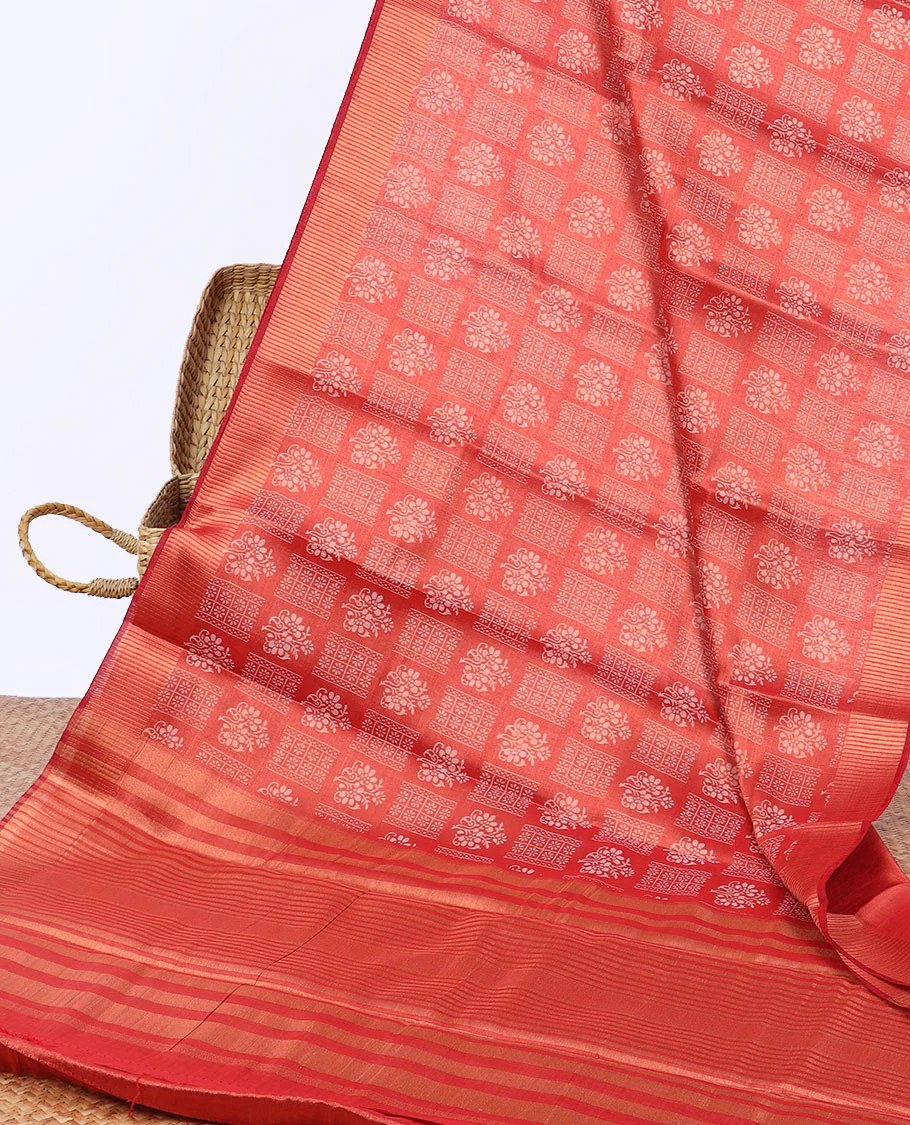 Brown unique printed semi-banaras tissue saree, contrast zari border & striped pallu - Image 8
