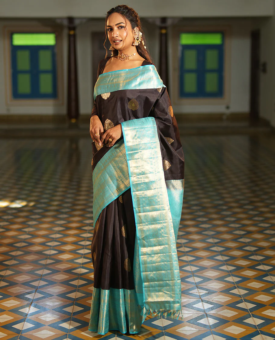 Brown Vasundhara Silk Saree, Spotlighted with Zari Buttas All Over Its Body, Complemented by a Contrast Border of Kodi Visiry Designs, a Grand Pallu, and Paired with a Contrast Blouse - Image 5