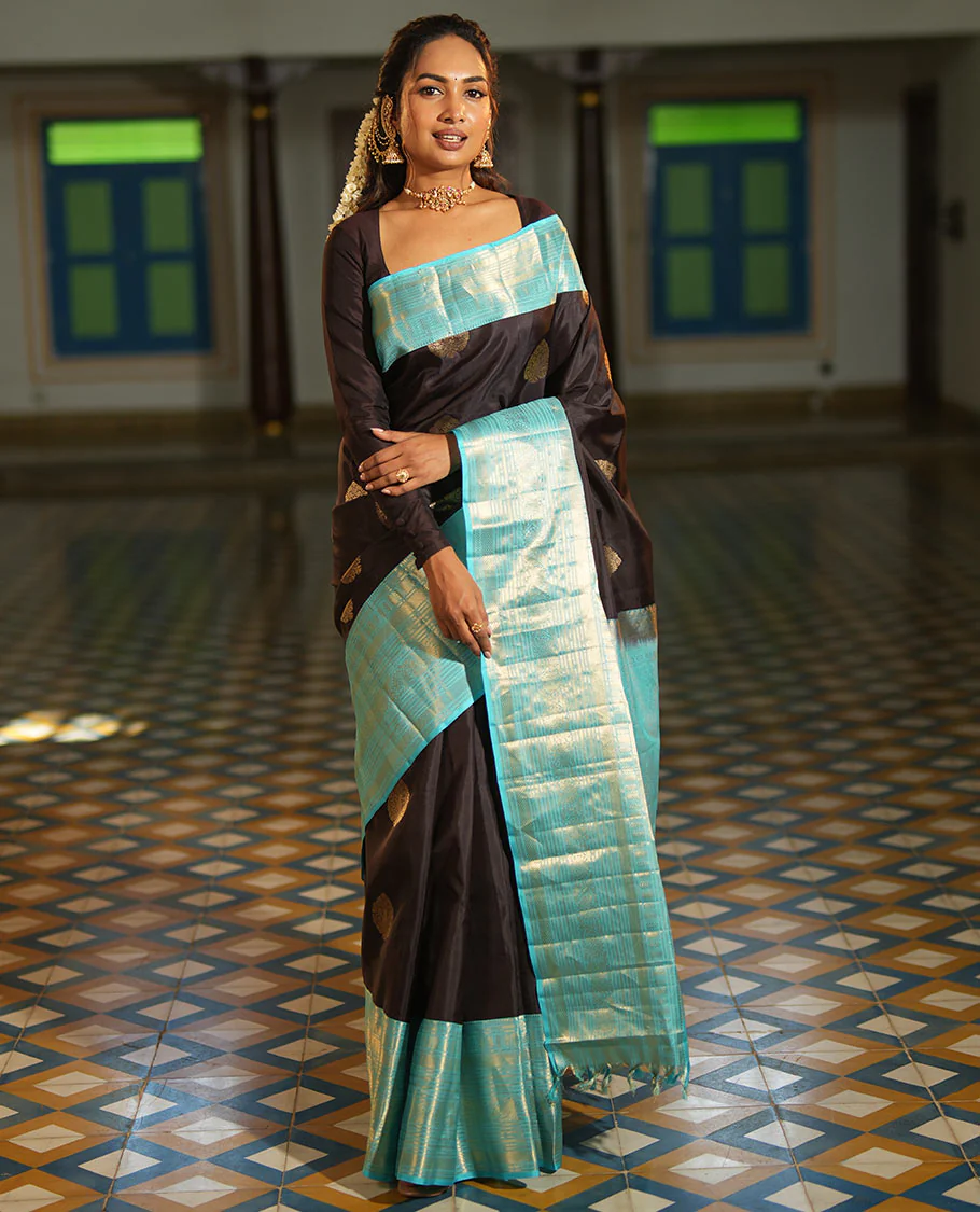Brown Vasundhara Silk Saree, Spotlighted with Zari Buttas All Over Its Body, Complemented by a Contrast Border of Kodi Visiry Designs, a Grand Pallu, and Paired with a Contrast Blouse - Image 6