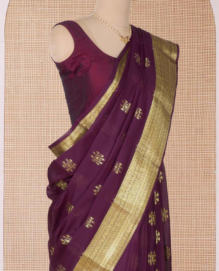 Maroon zari buttas Mysore silk saree, traditional zari border, and pallu of jaal design - Image 3