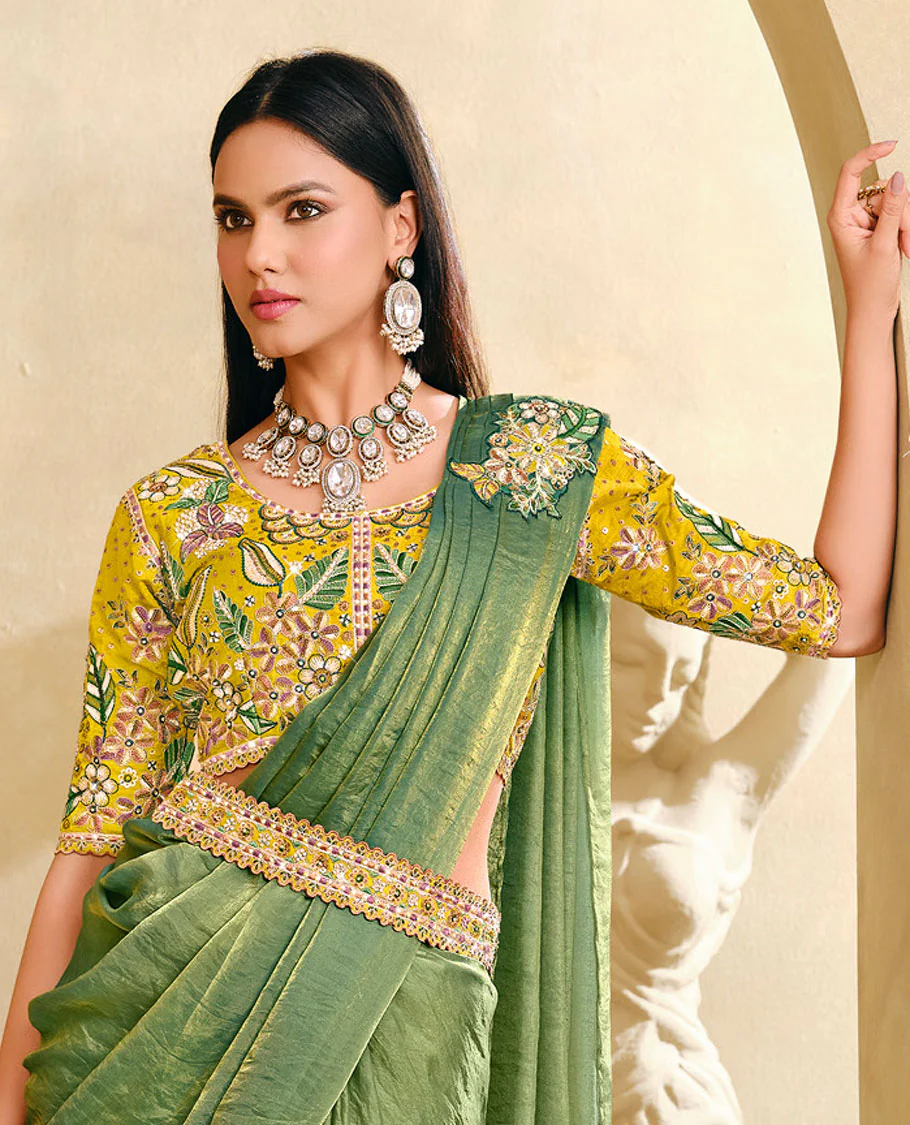 Cardamom Green Plain Party Wear Designer Saree, Complemented with a Contrast Round Neck Heavy Embroidered 3/4th Sleeve Readymade Blouse, Detachable Embroidered Belt, and a Free Embroidered Flap Sling Bag - Image 2