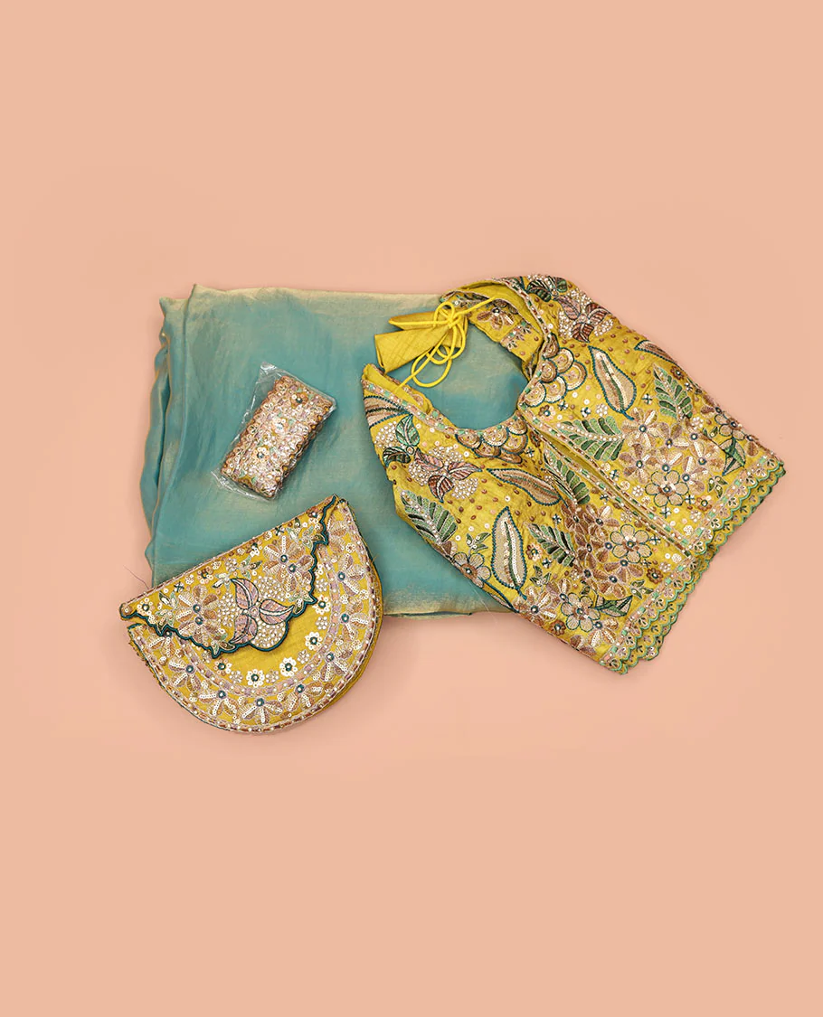 Cardamom Green Plain Party Wear Designer Saree, Complemented with a Contrast Round Neck Heavy Embroidered 3/4th Sleeve Readymade Blouse, Detachable Embroidered Belt, and a Free Embroidered Flap Sling Bag - Image 3