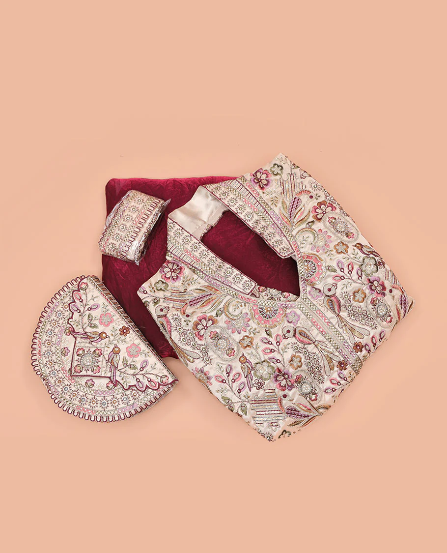Maroon Plain Party Wear Designer Saree, Complemented with a Contrast Round Neck Heavy Embroidered 3/4th Sleeve Readymade Blouse, Detachable Embroidered Belt, and a Free Embroidered Flap Sling Bag - Image 3