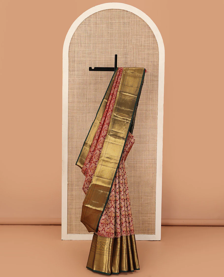 Cherry red yaanai jacquard wedding silk saree, contrast thilakam, muthu, kathir, diamond, kuthirai, and zari stripes, and jaal pallu
