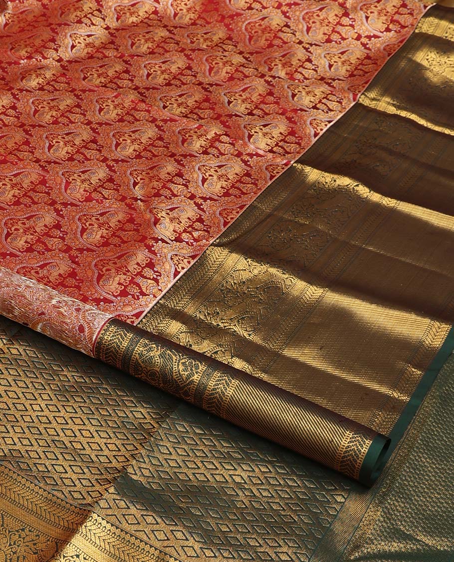Cherry red yaanai jacquard wedding silk saree, contrast thilakam, muthu, kathir, diamond, kuthirai, and zari stripes, and jaal pallu - Image 2