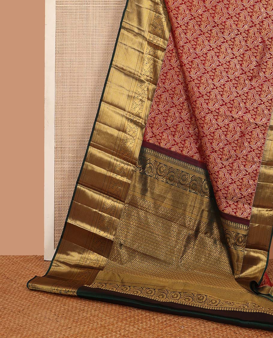 Cherry red yaanai jacquard wedding silk saree, contrast thilakam, muthu, kathir, diamond, kuthirai, and zari stripes, and jaal pallu - Image 3