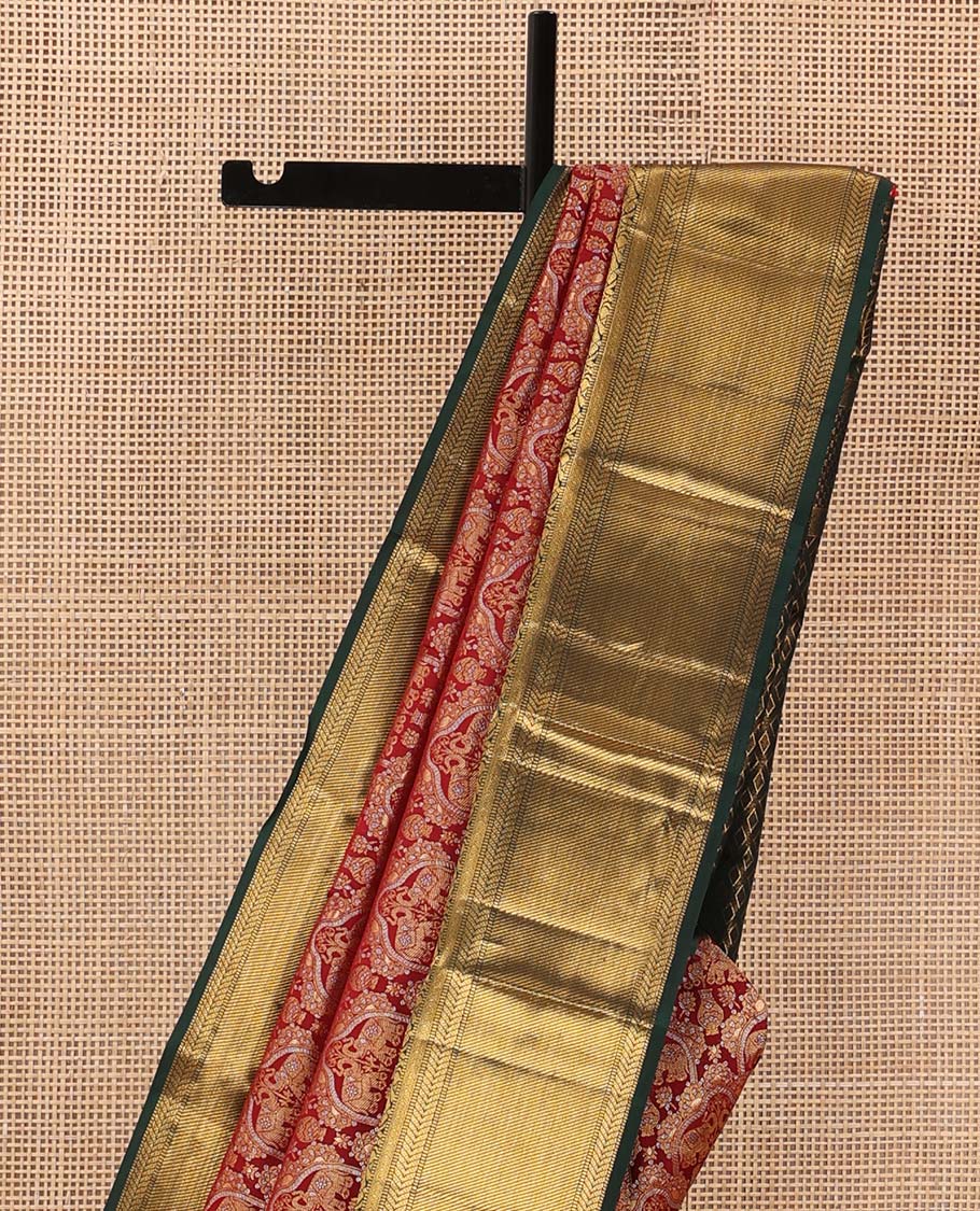 Cherry red yaanai jacquard wedding silk saree, contrast thilakam, muthu, kathir, diamond, kuthirai, and zari stripes, and jaal pallu - Image 4