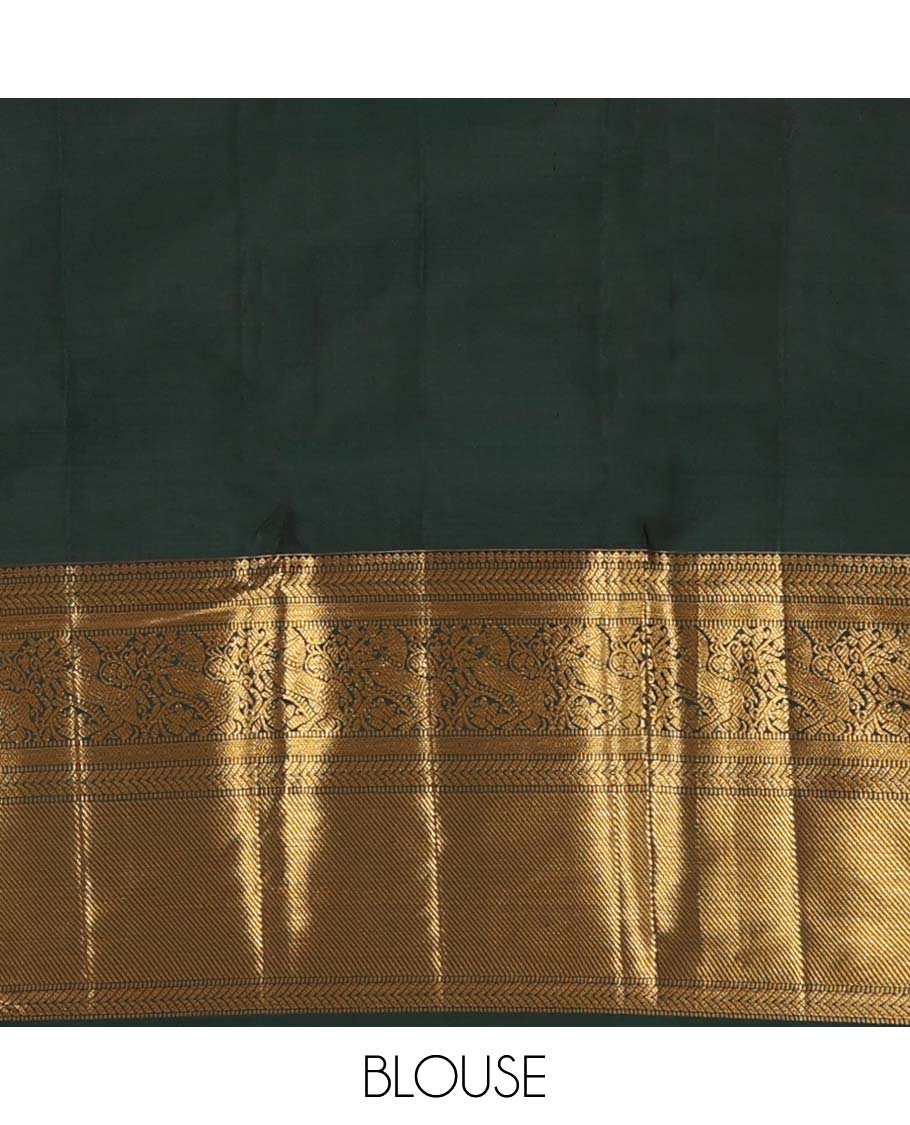 Cherry red yaanai jacquard wedding silk saree, contrast thilakam, muthu, kathir, diamond, kuthirai, and zari stripes, and jaal pallu - Image 6