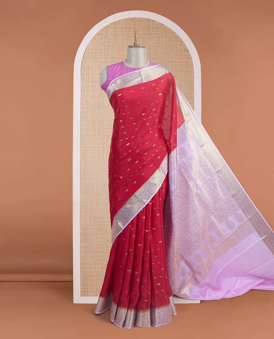 Cherry red zari buttas Mysore silk saree, contrast thilakam motif zari border, and leaf jaal zari-rich pallu - Image 2