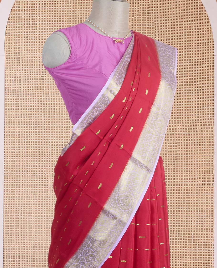 Cherry red zari buttas Mysore silk saree, contrast thilakam motif zari border, and leaf jaal zari-rich pallu - Image 3