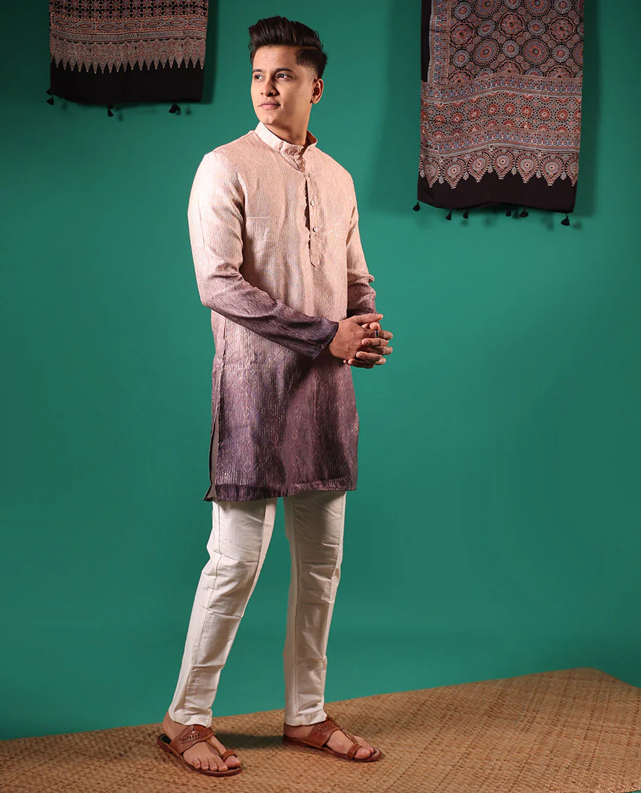 Chikku ombre-toned with sequins embroidered jaal patterned full-sleeved men's kurta - Image 3