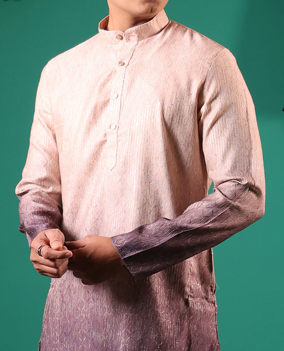 Chikku ombre-toned with sequins embroidered jaal patterned full-sleeved men's kurta - Image 4