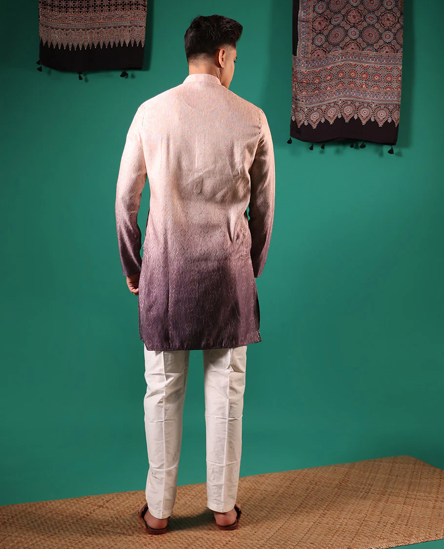 Chikku ombre-toned with sequins embroidered jaal patterned full-sleeved men's kurta - Image 5