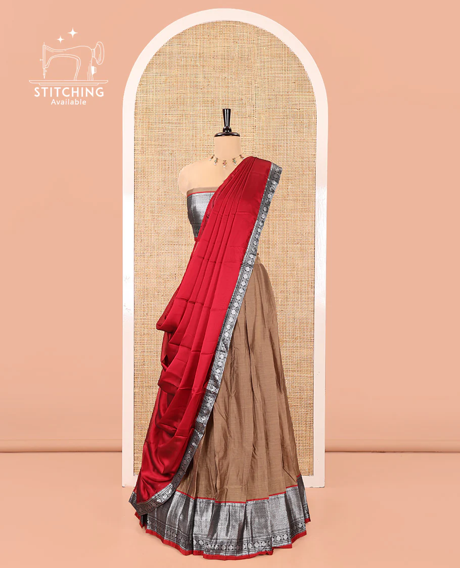 Chikku-Red Mercerised Cotton Half-Saree Features Plain with Contrast Traditional Zari Bordered Skirt, Paired with a Matching Blouse, and Comes with a Contrast Bordered Dhavani - Image 3