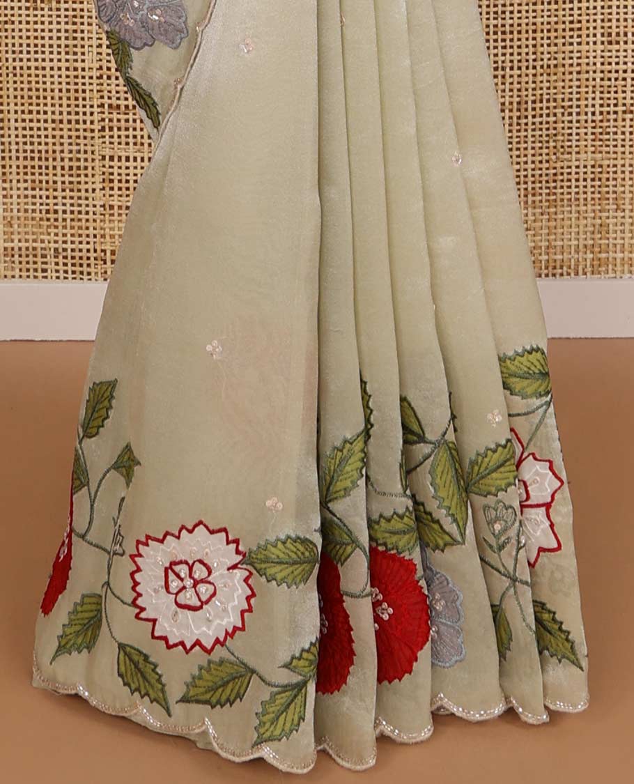 Cream all-over sequins embroidery tissue saree with floral , sequins embroidery scallop border - Image 4