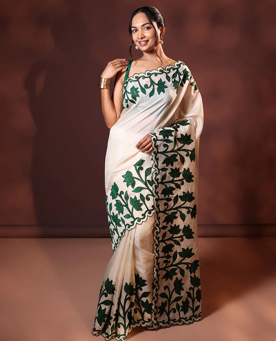 Cream and Green Plain Fancy Kota Silk Saree Highlighted with Lotus Floral Applique Embroidered Scallop Border, Lotus Motifs Applique Embroidered Pallu, and a Contrast Plain Blouse - Image 2