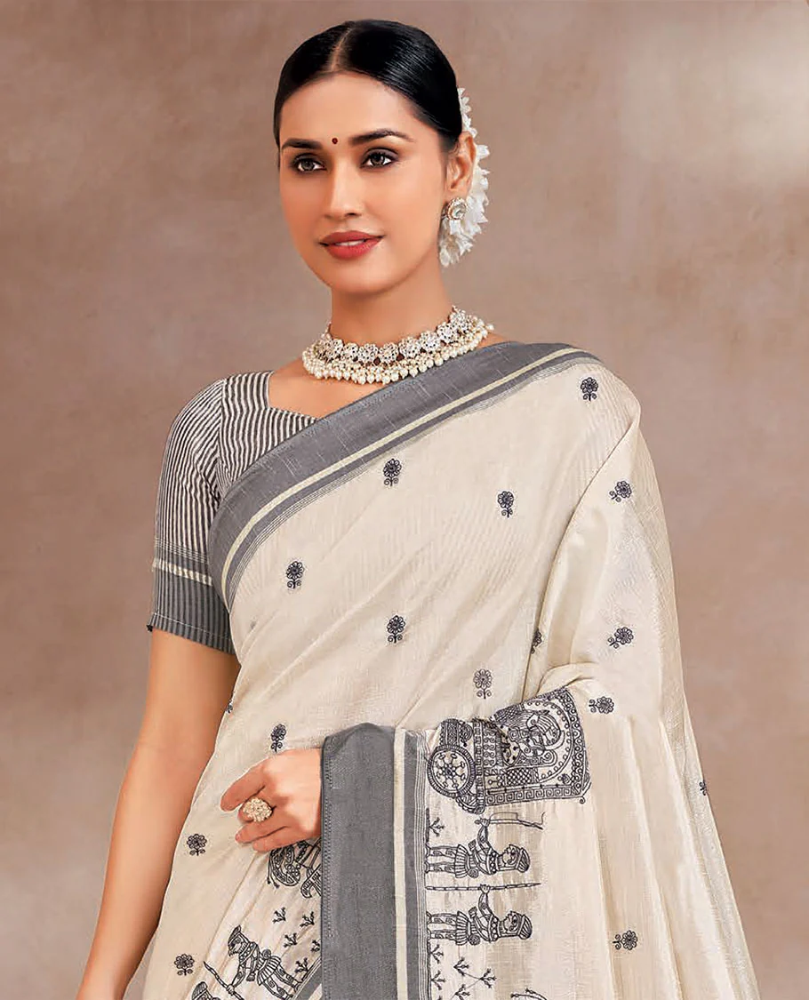 Cream and grey floral and anicient human figurines embroidered designer saree, contrast border, and striped pallu - Image 2