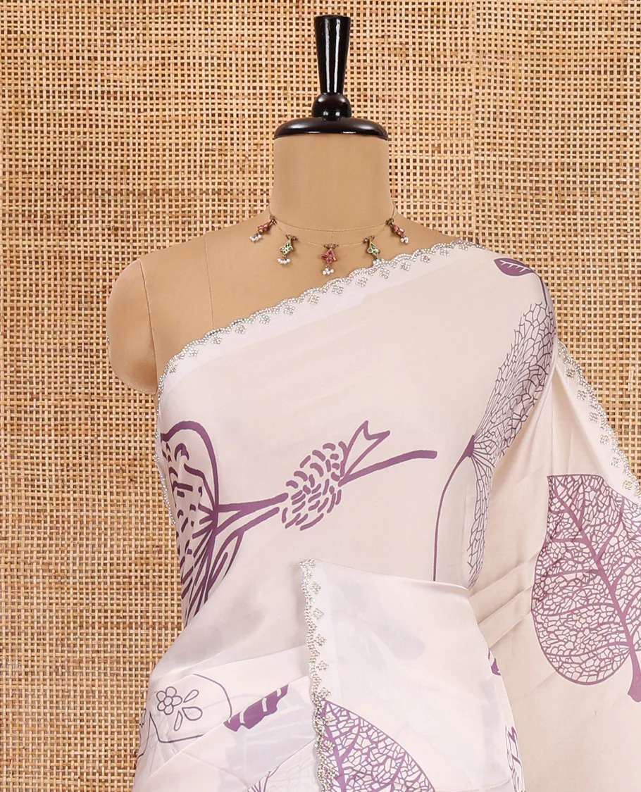 Cream and lavender floral, butterflies and horizontal striped printed satin crepe saree, stone work scallop border, and a contrast printed stone work blouse - Image 2
