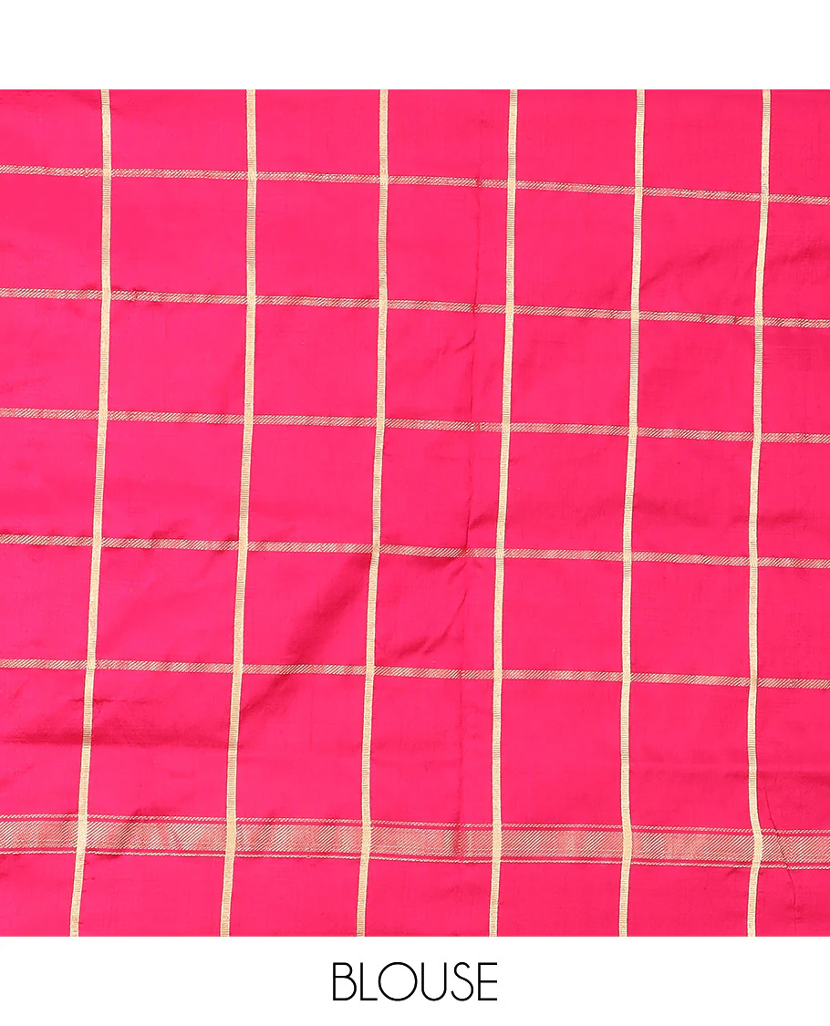 Cream and Pink Ikkat Silk Saree with Ikkat Buttas Enclosed in Checks, Complemented by a Contrast Ikkat Design Border, a Hazily Woven Pallu of Ikkat Patterns, and a Contrast Checked Blouse - Image 6