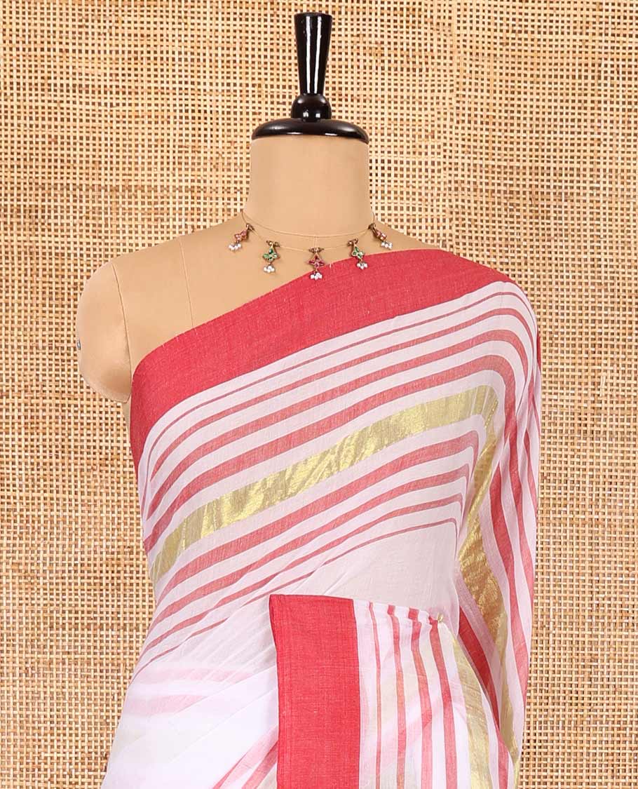 Cream and red plain khadi mul cotton saree with contrast double-sided border of horizontal stripes, striped pallu, and a matching blouse - Image 3