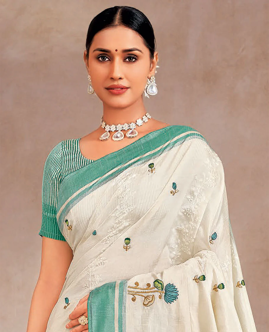Cream and turquoise floral motifs designer saree, contrast plain border, and striped pallu - Image 2