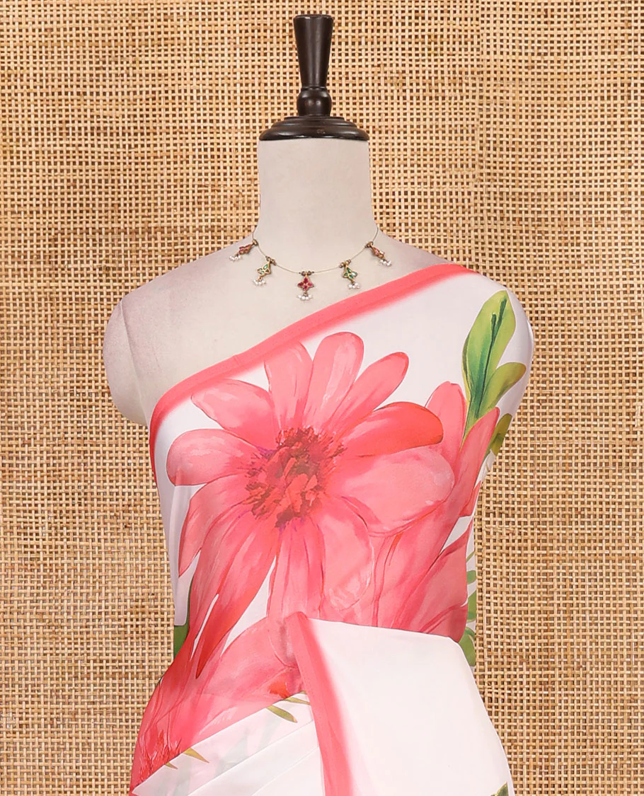 Cream base digital printed satin crepe saree with big pink floral motifs all over the saree, plain pink border & blouse - Image 3
