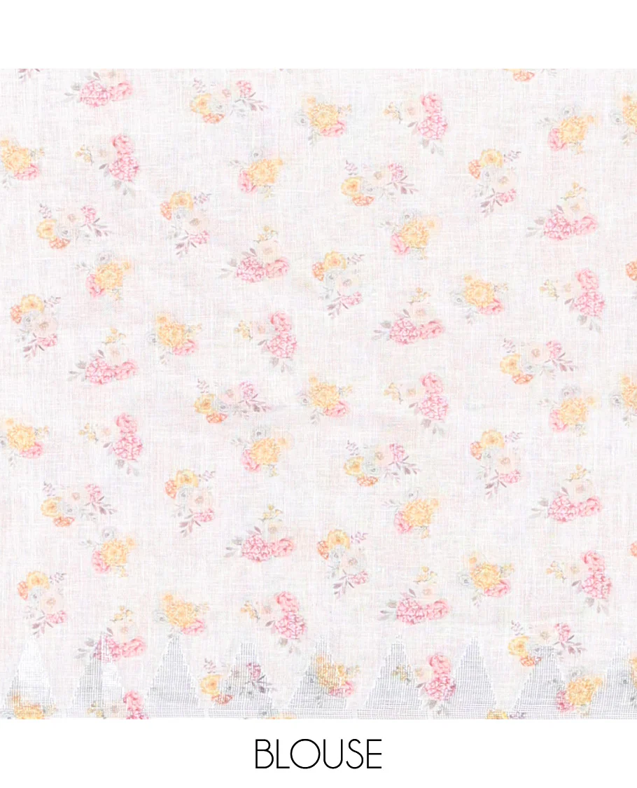 Cream-Base Linen Saree, Adorned with Floral-Themed Paint Splashes Printed All Over Its Body, Sparsely Woven Temple Border, and Paired with a Matching Blouse - Image 4