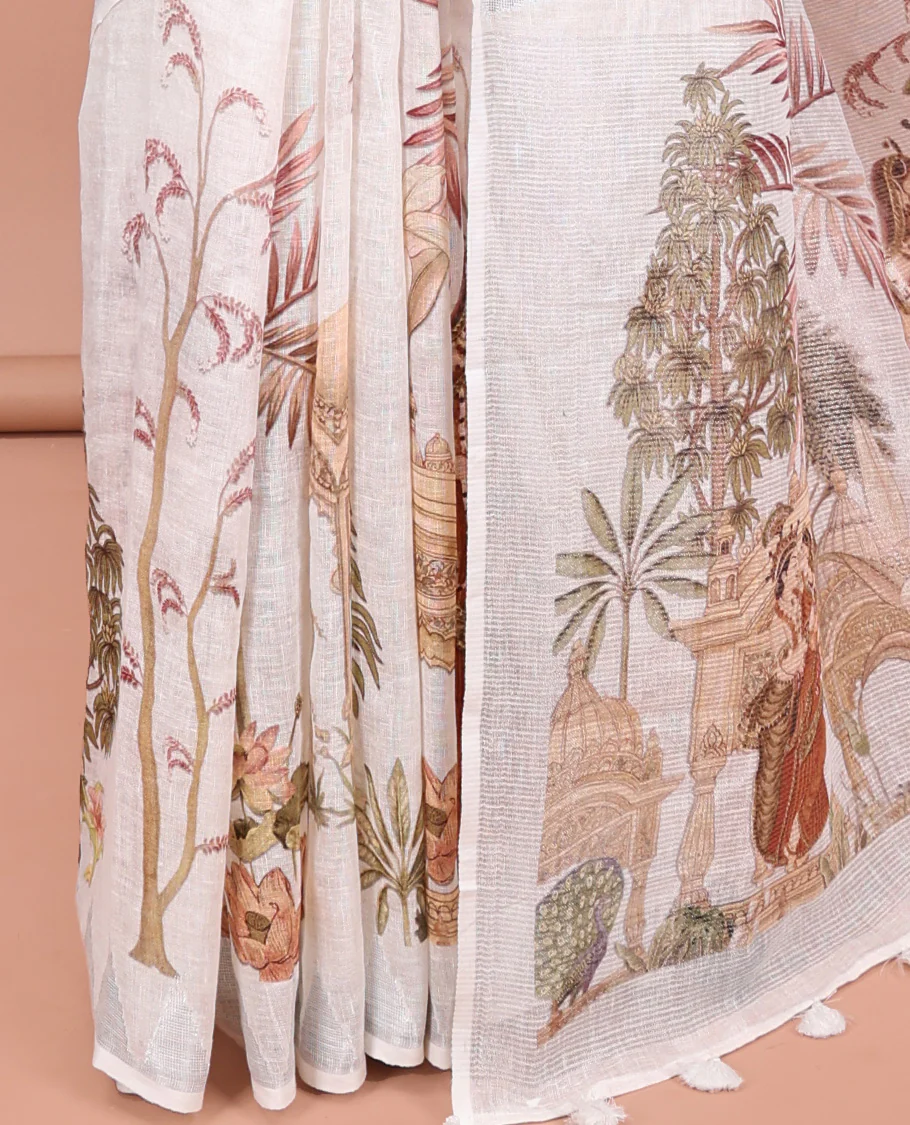 Cream-Base Linen Saree, Detailed with Floral, Peacock, and Mughal-Style Human Motifs Print, A Subtle Temple Border, an Artfully Printed Pallu, and Paired with a Matching Blouse - Image 3