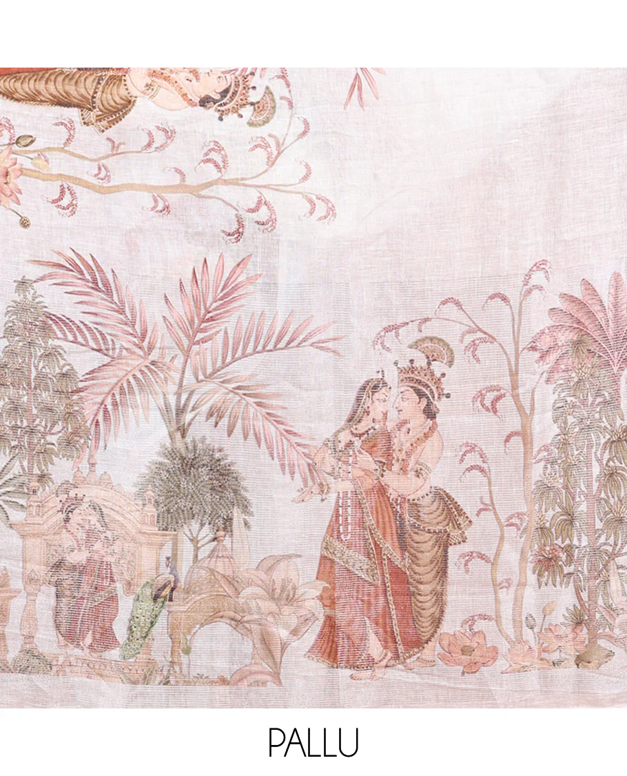 Cream-Base Linen Saree, Detailed with Floral, Peacock, and Mughal-Style Human Motifs Print, A Subtle Temple Border, an Artfully Printed Pallu, and Paired with a Matching Blouse - Image 4