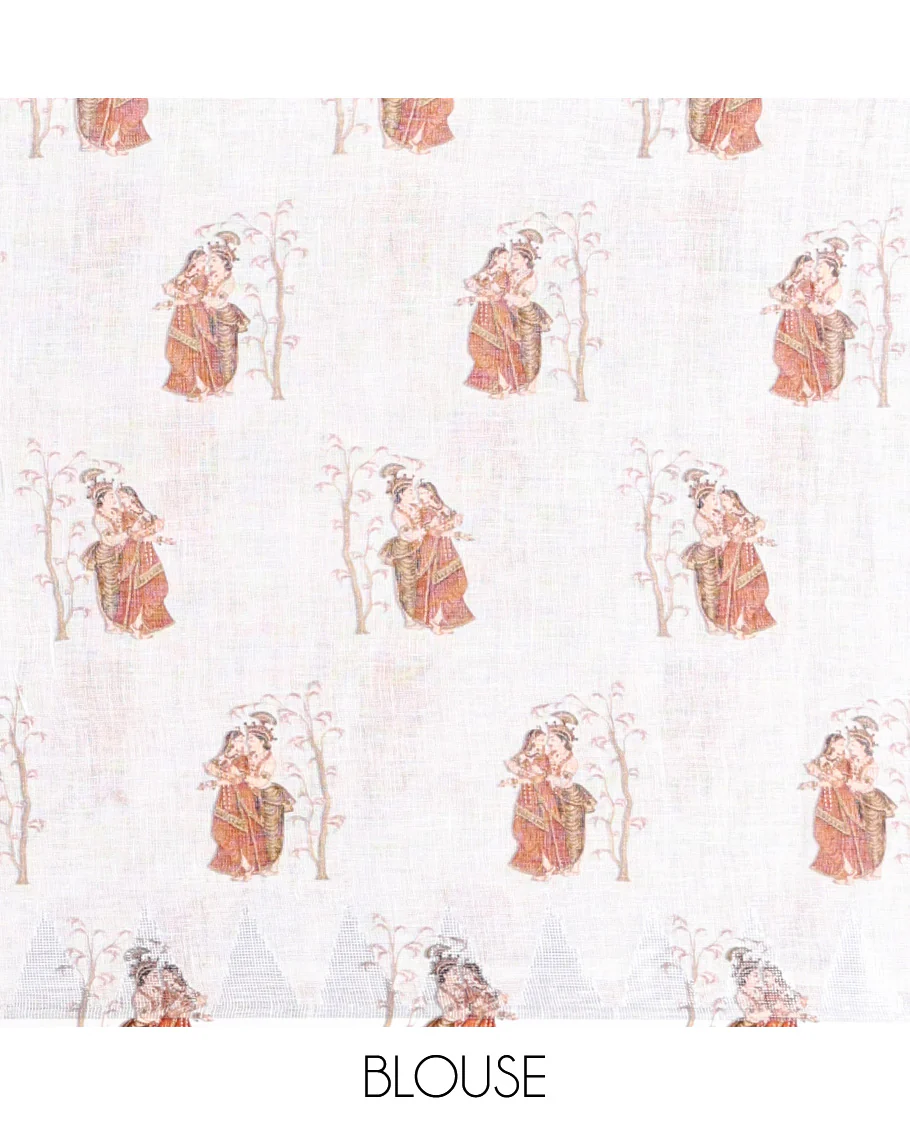 Cream-Base Linen Saree, Detailed with Floral, Peacock, and Mughal-Style Human Motifs Print, A Subtle Temple Border, an Artfully Printed Pallu, and Paired with a Matching Blouse - Image 5