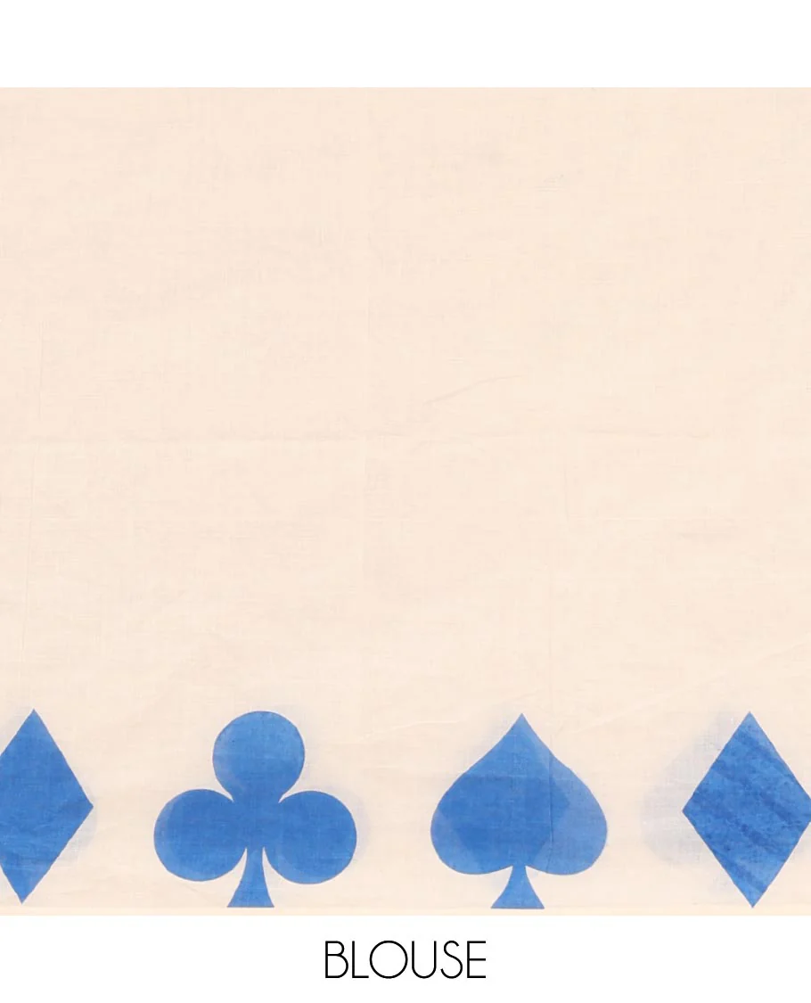 Cream-blue plain Kerala cotton saree, contrast color cards-theme printed border of Diamonds, Clubs, and Spades, leheriya-striped pallu, and plain blouse - Image 4