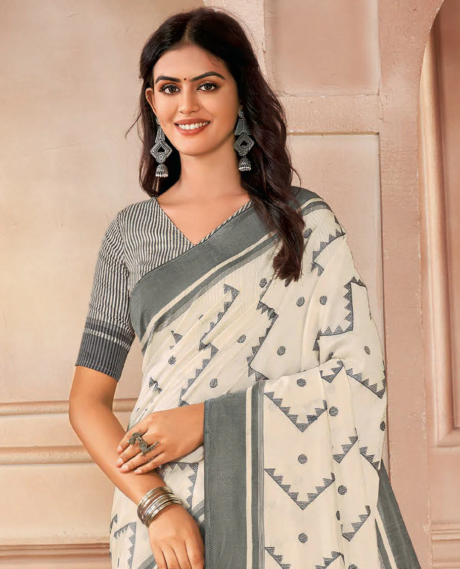 Cream buttas and chevron design designer saree, contrast border, and striped pallu - Image 2