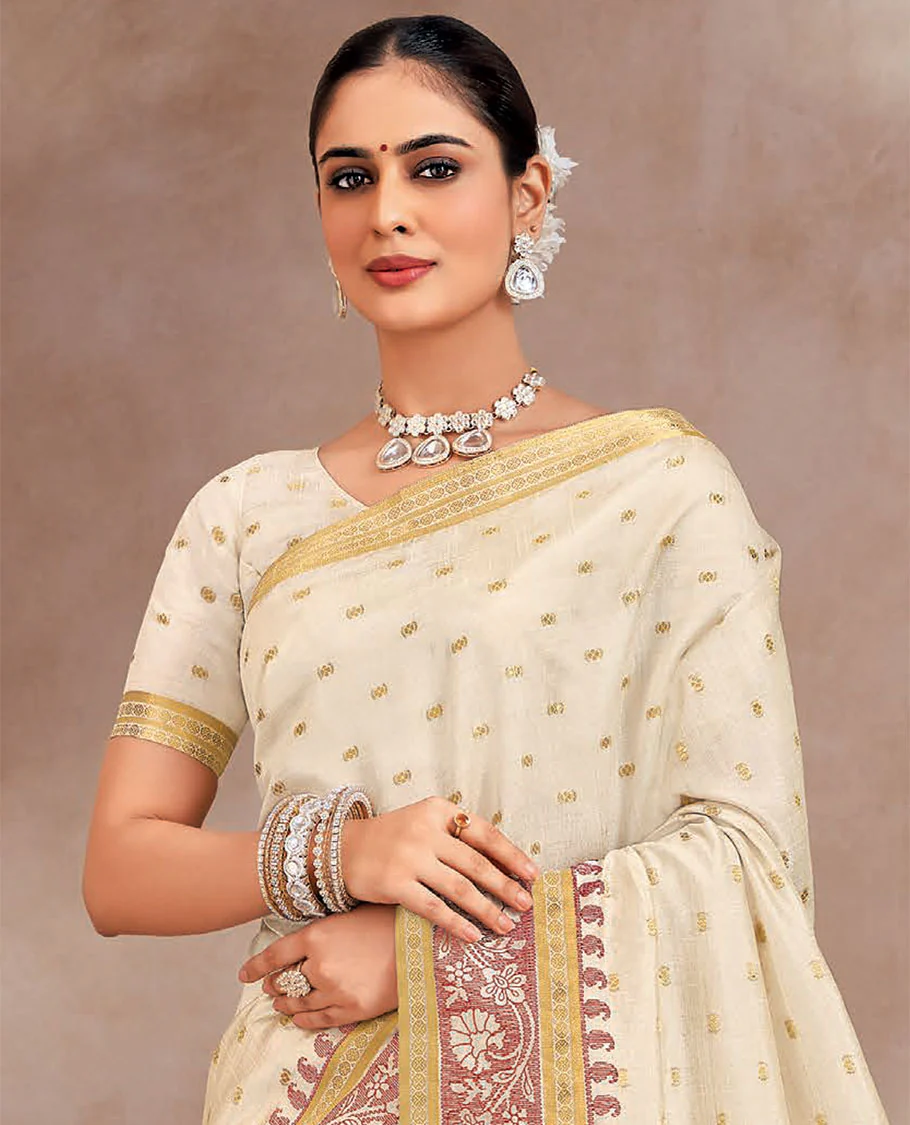 Cream buttas designer saree, floral creeper and paisley motifs border, and striped pallu - Image 2