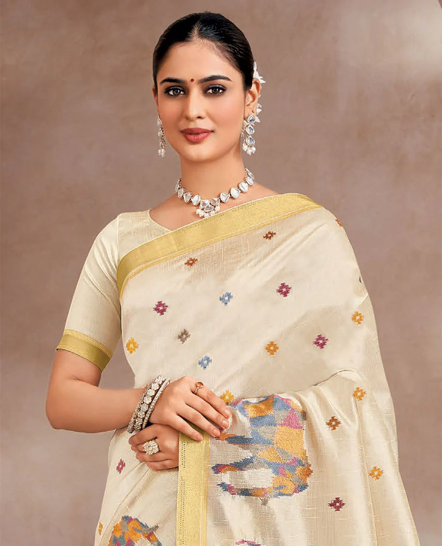 Cream colorful buttas and elephant motifs designer saree, zari border, and striped pallu - Image 2