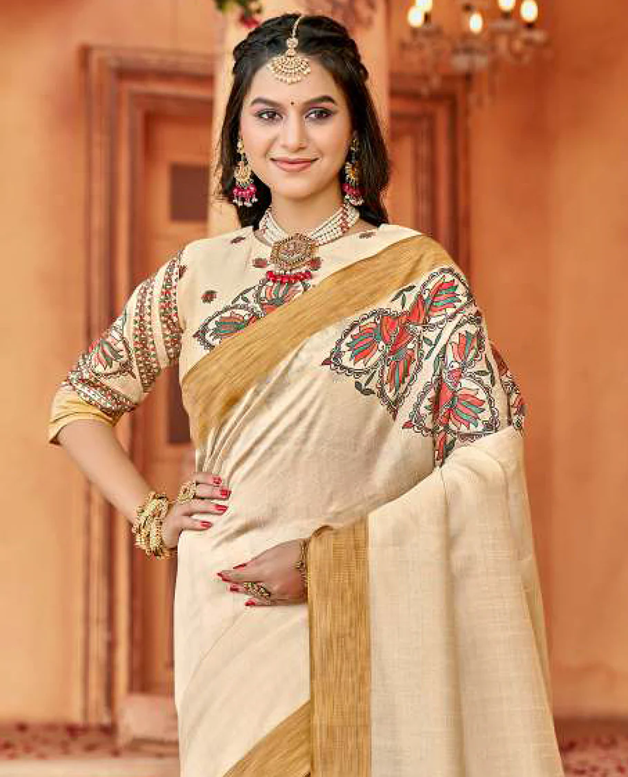 Cream Colorful Madhubani designer catalog saree, bavanji border, and pallu features Madhubani print - Image 2