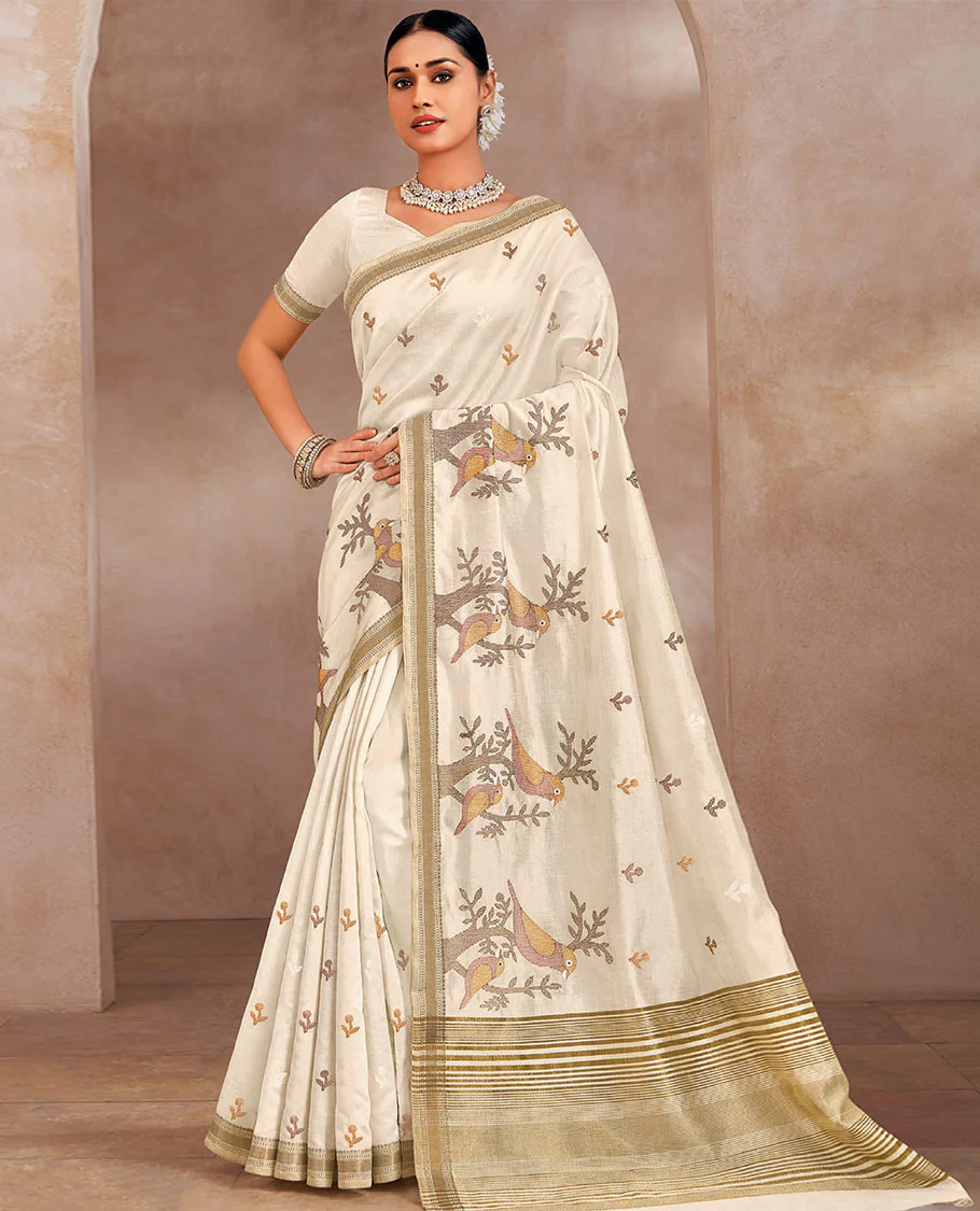 Cream floral buttas and birds on the branches motifs embroidered designer saree, self-border, and pallu
