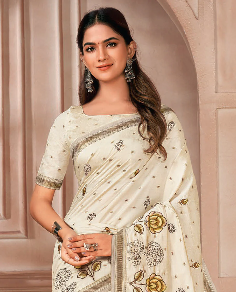Cream floral motifs embroidered designer saree, self-border, and pallu of stripes - Image 2