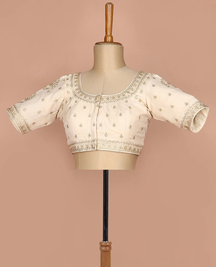 Cream floral thread embroidered round neck elbow sleeve raw silk readymade blouse